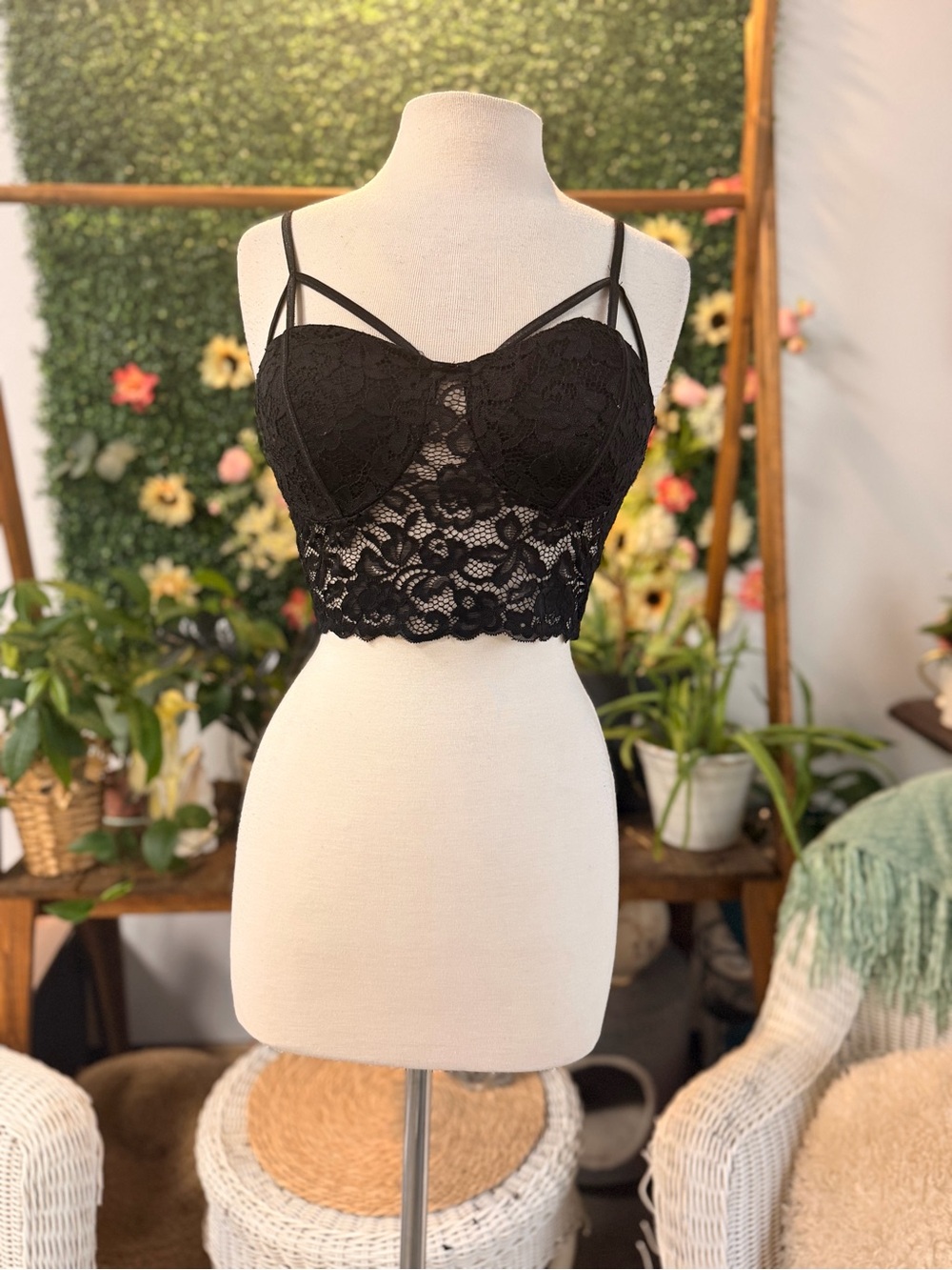 Windsor Black Lace Longline Bralette with Double Straps